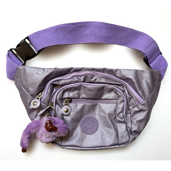 Kipling Purple Nylon Crinkle Fanny Pack Belt Waist Bag Sling Monkey Charm New - Picture 1 of 10